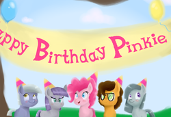 Size: 3000x2050 | Tagged: safe, artist:thederpycat, cheese sandwich, limestone pie, marble pie, maud pie, pinkie pie, g4, birthday, happy birthday, hat, high res, party hat, pie sisters