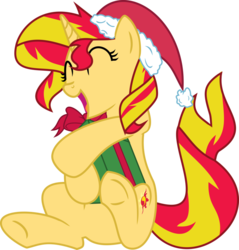 Size: 873x915 | Tagged: safe, artist:elsia-pony, sunset shimmer, pony, unicorn, g4, christmas, cute, eyes closed, female, happy, hat, present, santa hat, shimmerbetes, simple background, solo, transparent background