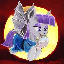 Size: 1444x1444 | Tagged: safe, artist:hereticalrants, maud pie, bat pony, pony, g4, biting, fangs, female, flying, maudbat, moon, race swap, rock, solo, spread wings, that pony sure does love rocks