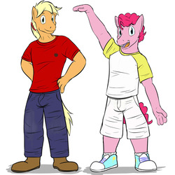 Size: 1280x1280 | Tagged: safe, artist:fuzebox, applejack, pinkie pie, anthro, plantigrade anthro, g4, applejack (male), bubble berry, clothes, converse, hatless, jeans, male, missing accessory, pants, rule 63, shirt, shoes, shorts, t-shirt