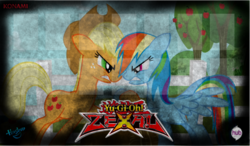 Size: 1024x597 | Tagged: safe, applejack, rainbow dash, g4, hasbro, hub logo, konami, mat, yu-gi-oh!, yu-gi-oh! zexal