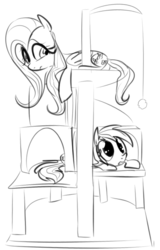 Size: 425x663 | Tagged: dead source, safe, artist:dotkwa, fluttershy, rainbow dash, pegasus, pony, g4, behaving like a cat, cat tree, confused, cute, dilated pupils, fluttercat, frown, grayscale, monochrome, prone, rainbow cat