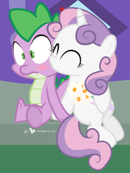 Size: 675x900 | Tagged: safe, artist:dm29, spike, sweetie belle, dragon, pony, unicorn, g4, baby, baby dragon, blush sticker, blushing, bouquet, carousel boutique, cheek kiss, cute, diasweetes, door, fangs, female, filly, flower, heart, horn, julian yeo is trying to murder us, kissing, male, ship:spikebelle, shipping, signature, sitting, spikabetes, straight