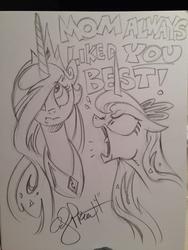 Size: 768x1024 | Tagged: safe, artist:andypriceart, princess celestia, princess luna, alicorn, pony, g4, andy you magnificent bastard, angry, bust, dialogue, duo, emanata, favoritism, female, looking at someone, mare, monochrome, screaming, sibling rivalry, traditional art