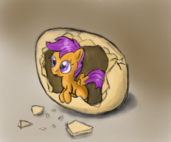 Size: 600x500 | Tagged: safe, artist:manfartwish, scootaloo, pegasus, pony, g4, cute, cutealoo, egg, female, filly, hatching, hatchling, scootachicken, solo