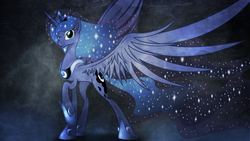 Size: 1920x1080 | Tagged: dead source, safe, artist:nemesis360, artist:vipeydashie, princess luna, g4, concave belly, crown, epic, ethereal mane, ethereal tail, female, hoof shoes, jewelry, large wings, long mane, long tail, mare, peytral, princess shoes, raised hoof, regalia, slender, solo, sparkles, spread wings, standing, starry mane, starry tail, tail, thin, vector, wallpaper, wings