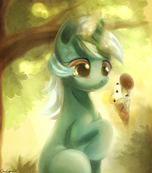 Size: 1074x1223 | Tagged: safe, artist:carligercarl, lyra heartstrings, pony, unicorn, g4, crepuscular rays, female, food, glowing horn, horn, ice cream, looking at something, magic, mare, outdoors, raised hoof, sitting, solo, telekinesis, three quarter view, tree