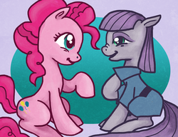 Size: 2100x1615 | Tagged: safe, artist:gurne0, maud pie, pinkie pie, g4, abstract background, duo, female, full body, happy, looking at each other, looking at someone, profile, raised hoof, siblings, side by side, side view, sisters, sitting, smiling, when she smiles