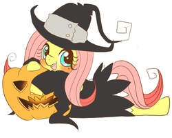 Size: 500x400 | Tagged: safe, artist:himepuppu, fluttershy, g4, blair, blushing, clothes, cosplay, costume, crossover, cute, emiri katou, female, halloween, jack-o-lantern, nightmare night, pixiv, pumpkin, shyabetes, solo, soul eater, voice actor joke, witch