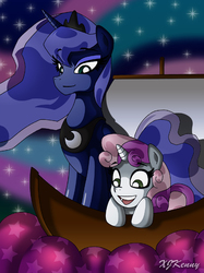Size: 550x735 | Tagged: safe, artist:xjkenny, princess luna, sweetie belle, for whom the sweetie belle toils, g4, boat
