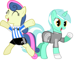 Size: 1215x995 | Tagged: safe, artist:chipmagnum, artist:ironm17, bon bon, lyra heartstrings, sweetie drops, earth pony, pony, unicorn, g4, ^^, argentina, bipedal, clothes, duo, duo female, eyes closed, female, football, gloves, jersey, mare, open mouth, prancing, short-sleeved goalkeeper jersey, simple background, transparent background, world cup