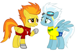 Size: 1705x1131 | Tagged: safe, artist:ironm17, fleetfoot, spitfire, pegasus, pony, g4, brazil, clothes, duo, duo female, female, football, gloves, jersey, mare, short-sleeved goalkeeper jersey, show accurate, simple background, spread wings, transparent background, wings, world cup
