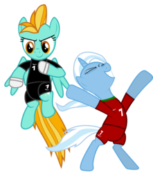 Size: 1203x1362 | Tagged: safe, artist:ironm17, lightning dust, trixie, pegasus, pony, unicorn, g4, clothes, duo, duo female, female, football, gloves, jersey, mare, portugal, short-sleeved goalkeeper jersey, simple background, transparent background, world cup