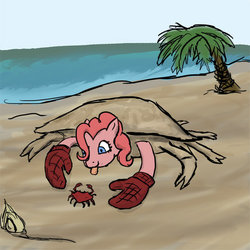 Size: 600x600 | Tagged: safe, artist:jberg18, pinkie pie, crab, g4, beach, oven mitts, palm tree, sand, tree