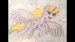 Size: 1191x670 | Tagged: safe, artist:thefriendlyelephant, oc, oc only, alicorn, pony, alicorn oc, flying, happy, requested art, smiling, solo, traditional art