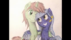 Size: 1024x576 | Tagged: safe, artist:thefriendlyelephant, pegasus, pony, unicorn, blushing, cute, duo, request, requested art, smiling, traditional art
