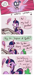 Size: 877x1920 | Tagged: safe, artist:inlucidreverie, artist:joeywaggoner, spike, twilight sparkle, alicorn, pony, g4, comic, feather, female, floppy ears, magic, mare, open mouth, plucked wings, quill, smiling, surprised, twilight sparkle (alicorn)