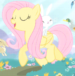 Size: 398x406 | Tagged: safe, screencap, angel bunny, fluttershy, pony, filli vanilli, g4, angel riding fluttershy, animal, animated, cute, folded wings, lighting, riding, singing, wings