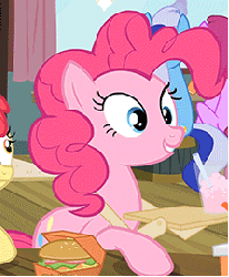 Size: 223x270 | Tagged: safe, screencap, apple bloom, berry punch, berryshine, minuette, pinkie pie, earth pony, pony, g4, twilight time, animated, burger, cute, diapinkes, female, food, grin, hay burger, head tilt, mare, smiling