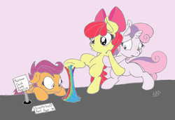 Size: 800x547 | Tagged: safe, artist:ccpendantry, artist:dfectivedvice, apple bloom, scootaloo, sweetie belle, earth pony, pony, g4, bipedal, colored, cutie mark crusaders, floppy ears, food art, frown, gum, pouting, sad, stuck, wide eyes