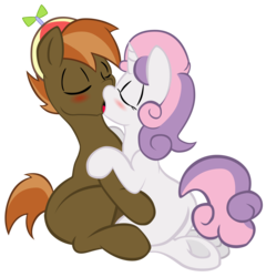 Size: 4232x4400 | Tagged: safe, artist:anibaruthecat, artist:mrbrandonmac, button mash, sweetie belle, earth pony, pony, unicorn, g4, absurd resolution, blushing, butt, colt, eyes closed, female, filly, foal, french kiss, hat, kiss on the lips, kissing, male, plot, propeller hat, ship:sweetiemash, shipping, show accurate, simple background, straight, transparent background, underhoof