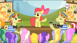Size: 1920x1080 | Tagged: safe, screencap, amethyst star, apple bloom, applejack, carrot top, cherry berry, cloud kicker, emerald may, flam, flim, golden harvest, merry may, sparkler, twinkleshine, g4, leap of faith, flim flam brothers