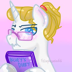 Size: 850x850 | Tagged: safe, artist:felixpheonix66, prince blueblood, g4, blushing, diary, glasses, male, ponytail, scrunchy face, solo