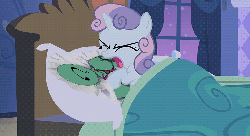 Size: 826x451 | Tagged: safe, edit, edited screencap, screencap, sweetie belle, oc, oc:anon, for whom the sweetie belle toils, g4, angry, animated, bed, body pillow, pillow, pillowbuse, punch, stupid sexy anon