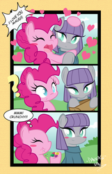 Size: 1288x2000 | Tagged: safe, artist:danmakuman, maud pie, pinkie pie, earth pony, pony, g4, bag, blush sticker, blushing, clothes, comic, cute, diapinkes, eating, eyes closed, female, heart, hug, mare, maudabetes, open mouth, question mark, rock candy, sisters, smiling, when she smiles