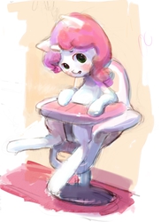 Size: 1008x1384 | Tagged: artist needed, safe, sweetie belle, g4, adult foal, ageplay, chair, embarrassed, female, highchair, solo