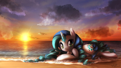 Size: 1280x720 | Tagged: safe, artist:takuyarawr, oc, oc only, oc:aqua wish, beach, ocean, solo, sunset, water