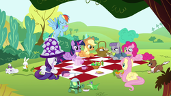 Size: 800x450 | Tagged: safe, screencap, angel bunny, applejack, fluttershy, gummy, maud pie, opalescence, pinkie pie, rainbow dash, rarity, tank, twilight sparkle, winona, alicorn, pony, g4, maud pie (episode), female, mane six, mare, picnic, picnic basket, picnic blanket, tea, teacup, teapot, twilight sparkle (alicorn)