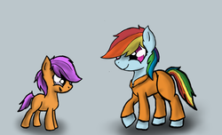 Size: 1024x622 | Tagged: safe, artist:midnightfreakshow, rainbow dash, scootaloo, g4, clothes, prison outfit, prisoner rd, wingless