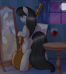 Size: 1600x1795 | Tagged: safe, artist:ratofdrawn, octavia melody, earth pony, pony, g4, alcohol, beautiful, bipedal, bow (instrument), bowtie, butt, cello, curtains, cute, drink, female, full moon, glass, indoors, mare, mirror, moon, musical instrument, night, night sky, octavia's bowtie, plot, reflection, sky, solo, stars, table, tail, tavibetes, window, wine