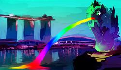 Size: 1000x580 | Tagged: safe, artist:kolshica, princess luna, g4, female, fountain, marina bay sands, merlion, singapore, solo