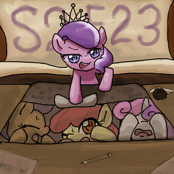 Size: 600x600 | Tagged: safe, artist:yajima, apple bloom, diamond tiara, scootaloo, sweetie belle, earth pony, pony, g4, ponyville confidential, box, cutie mark crusaders, pixiv, pony in a box, scene interpretation, title card