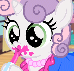 Size: 563x540 | Tagged: safe, screencap, sweetie belle, for whom the sweetie belle toils, g4, 5-year-old sweetie belle, animated, cute, diasweetes, female, lipstick, solo, younger