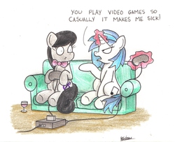 Size: 2061x1670 | Tagged: safe, artist:bobthedalek, dj pon-3, octavia melody, vinyl scratch, earth pony, pony, unicorn, g4, :o, annoyed, couch, duo, female, filthy casual, frown, glare, magic, open mouth, pointing, sitting, telekinesis, video game, wide eyes, wine glass