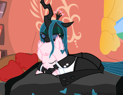 Size: 650x500 | Tagged: safe, artist:mixermike622, queen chrysalis, oc, oc:fluffle puff, changeling, changeling queen, pony, g4, bed, business suit, businessalis, businessmare, clothes, cute, cutealis, female, flufflebetes, lesbian, ocbetes, ship:chrysipuff, shipping, snuggling, suit