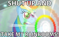 Size: 600x376 | Tagged: safe, rainbow dash, g4, attack of the killer app, female, futurama, male, shut up and take my money, solo, sonic rainboom