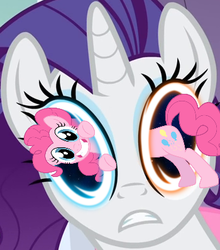 Size: 350x397 | Tagged: safe, edit, edited screencap, screencap, pinkie pie, rarity, g4, season 1, suited for success, bathrobe, clothes, duo, eye scream, nightmare fuel, portal, portal (valve), robe