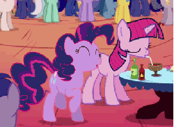 Size: 403x296 | Tagged: safe, edit, edited screencap, screencap, pinkie pie, twilight sparkle, earth pony, pony, unicorn, friendship is magic, g4, animated, drinking, excited, eyes closed, female, hot sauce, mare, palette swap, prancing, smiling, talking