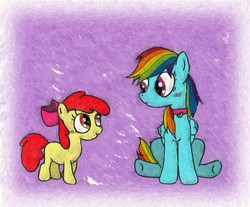 Size: 2574x2133 | Tagged: safe, artist:porcelainparasite, apple bloom, rainbow dash, g4, blushing, collar, cute, duo, eye contact, high res, sitting, smiling, underhoof