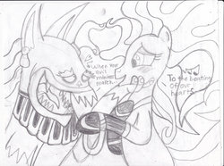 Size: 1024x760 | Tagged: safe, artist:toon-n-crossover, ahuizotl, mane-iac, g4, evil love, heart, mane-zotl, monochrome, pencil drawing, phineas and ferb, reference, speech bubble, traditional art