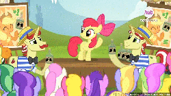 Size: 640x360 | Tagged: safe, screencap, amethyst star, apple bloom, applejack, carrot top, cherry berry, cloud kicker, emerald may, flam, flim, golden harvest, merry may, sparkler, twinkleshine, earth pony, pony, unicorn, g4, leap of faith, animated, female, filly, flim flam brothers, flim flam miracle curative tonic, foal, hub logo, hubble, male, stallion, the hub, tonic