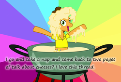 Size: 987x671 | Tagged: safe, cheese sandwich, g4, pinkie pride, cheese, covered in cheese, fondue, fondue pot, insane pony thread, male, solo, thread