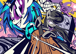 Size: 3508x2480 | Tagged: safe, artist:jowyb, dj pon-3, octavia melody, vinyl scratch, g4, action poster, high res, row row fight tha powah, style emulation, tengen toppa gurren lagann