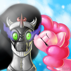 Size: 4000x4000 | Tagged: safe, artist:kelisah, king sombra, pinkie pie, earth pony, pony, unicorn, g4, armor, eyes closed, female, kissing, male, mare, shipping, sombra eyes, sombrapie, stallion, straight, surprised