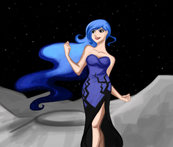 Size: 5200x4400 | Tagged: safe, artist:tao-mell, nightmare moon, princess luna, human, g4, absurd resolution, clothes, dress, female, frozen (movie), humanized, let it go, moon, nightmare luna, parody, queen lunelsa, solo, space