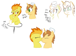Size: 2442x1790 | Tagged: safe, artist:frikdikulous, donut joe, spitfire, g4, coffee, colored, crack shipping, cup, dialogue, donutfire, eyes closed, female, handwritten text, hat, kissing, male, shipping, simple background, sketch, straight